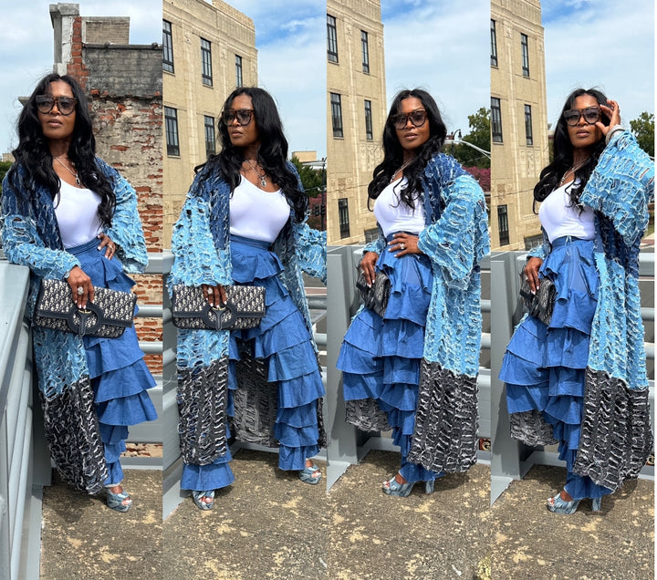 Trio Denim Distressed Cut Out  Open Front Long Cardigan -Black, Dark Denim, Medium Denim Blue Denim Combo Ships 10/17