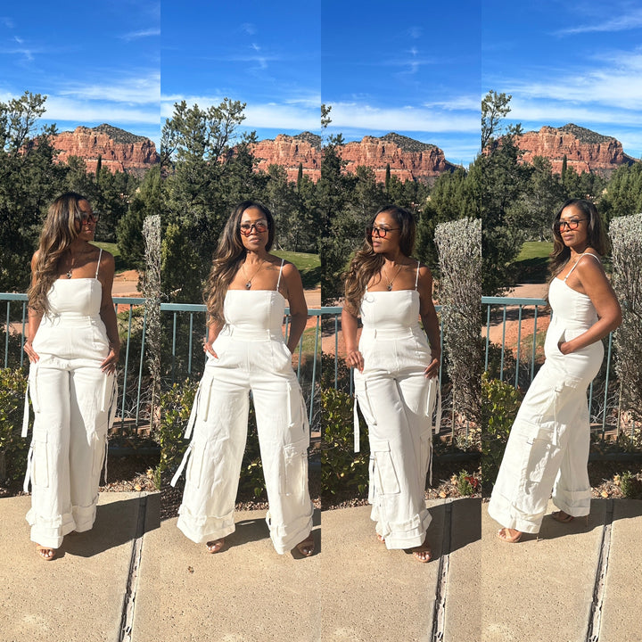 White Denim Cargo Jumpsuit with removable straps