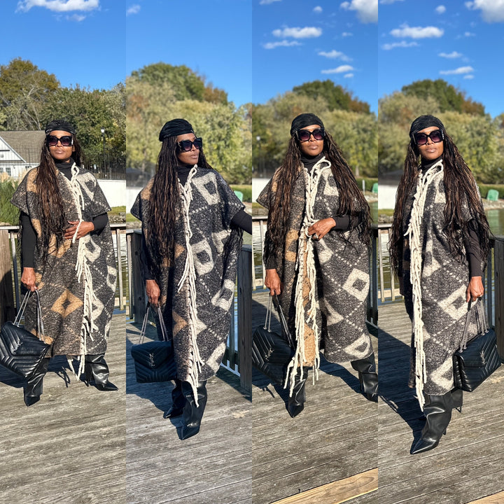 NEW Rich Auntie Aspen Winter Open Front Corded Kimono Coat - Black and Tan Blend Ships 11/4