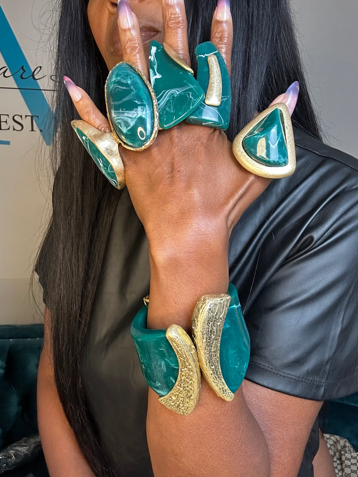 Wide Bold Sculpted Hinged Bangle Bracelet -  Teal