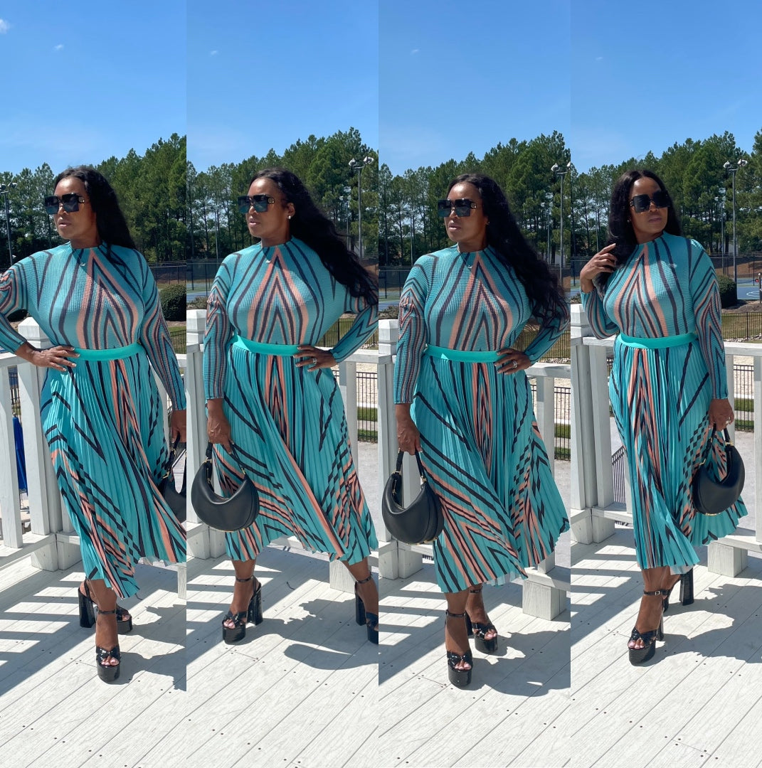 Classy and Fabulous  2 pc long sleeve pleated A line skirt set - Turquoise Black Orange Blend
