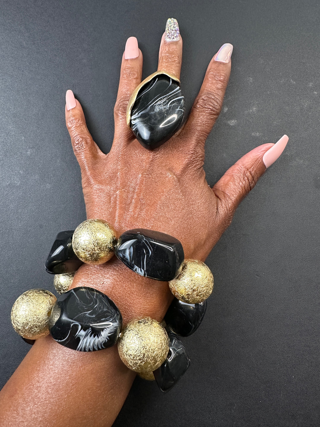 Oversized Stretch Bold Tulip Statement Ring -Black