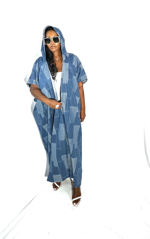 Denim Hooded Patchwork Open Front Long Duster - Medium Blue Blend Ships 9/20