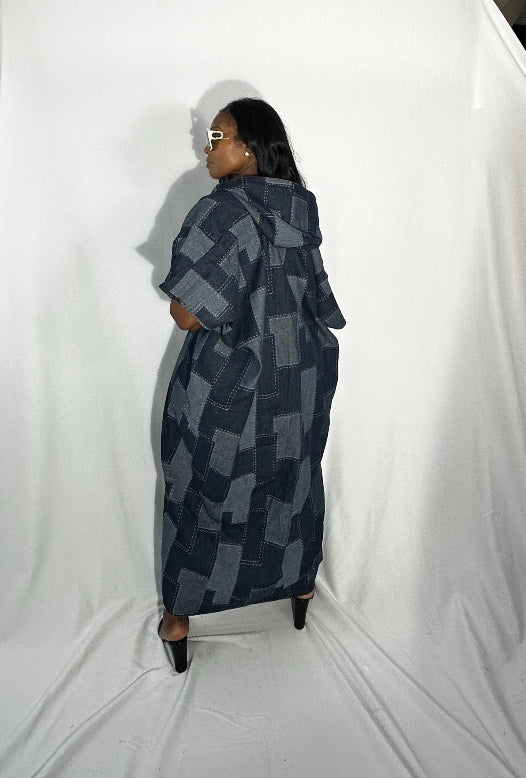 Denim Hooded Patchwork Open Front Long Duster - Dark Blue Blend Ships 10/28