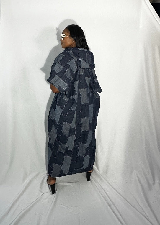 Denim Hooded Patchwork Open Front Long Duster - Dark Blue Blend Ships 10/28