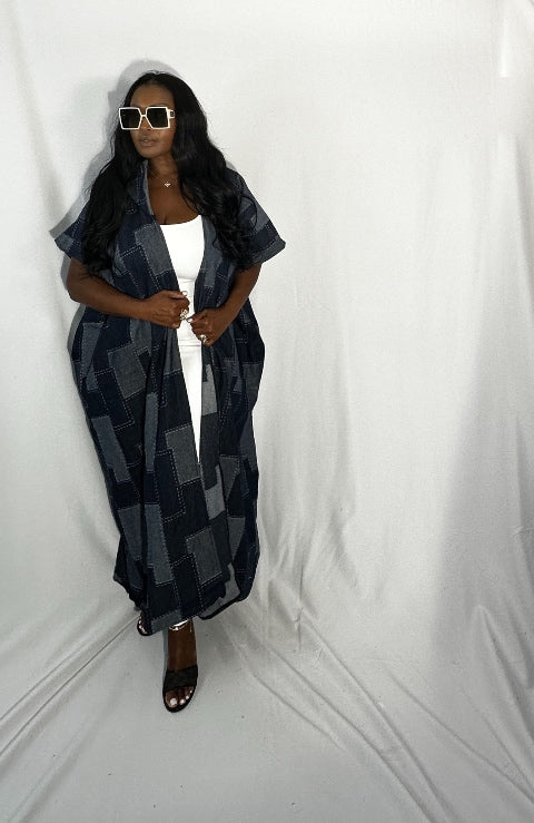 Denim Hooded Patchwork Open Front Long Duster - Dark Blue Blend Ships 10/28