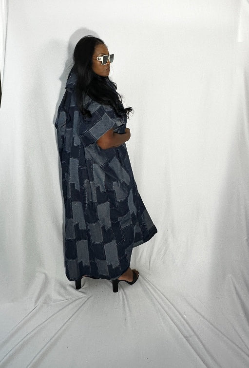 Denim Hooded Patchwork Open Front Long Duster - Dark Blue Blend Ships 10/28