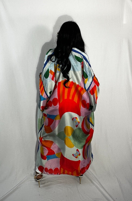 Tahiti Open Front Kimono Long Kimono - Light Blue Red Lavender Blend Ships 10/28