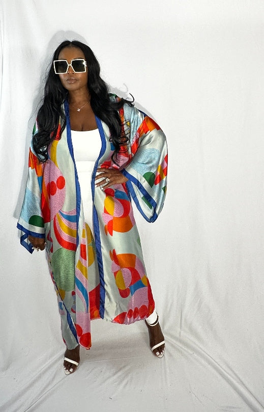 Tahiti Open Front Kimono Long Kimono - Light Blue Red Lavender Blend Ships 10/28