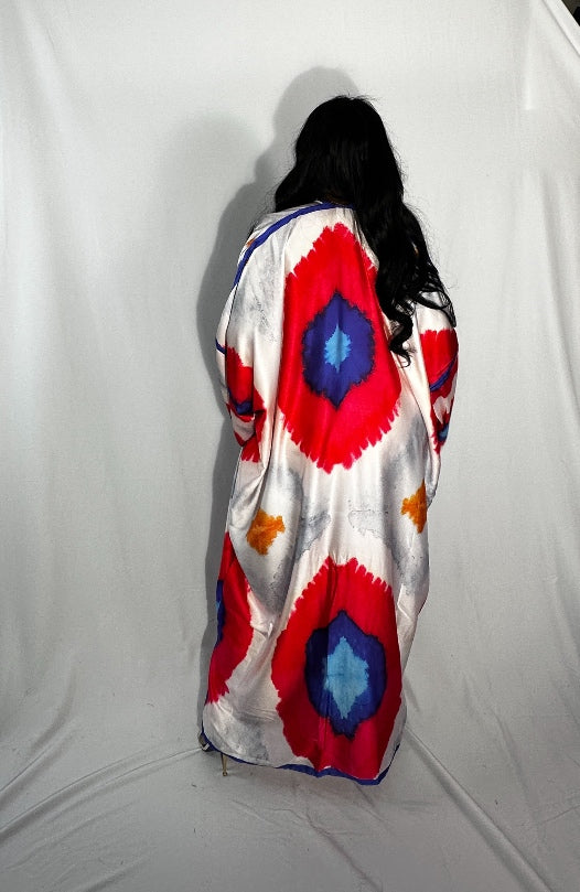 Marrakech Satin Open Front Kimono Long Kimono - Red Blue White Blend Ships 10/28