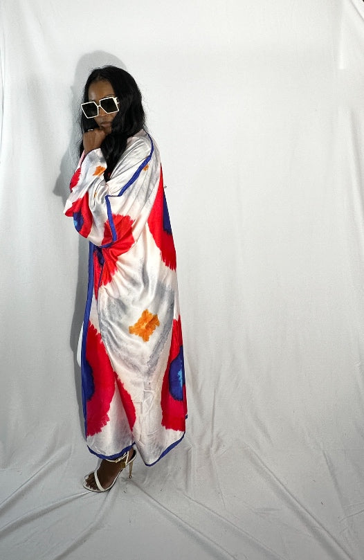 Marrakech Satin Open Front Kimono Long Kimono - Red Blue White Blend Ships 10/28