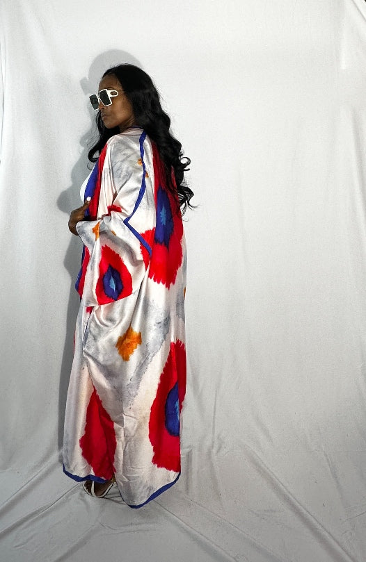 Marrakech Satin Open Front Kimono Long Kimono - Red Blue White Blend Ships 10/28