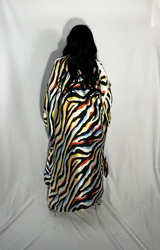 Senegal Zebra Print Satin Open Front Kimono Long Kimono - Red Blue Yellow Blend  Ships 10/28