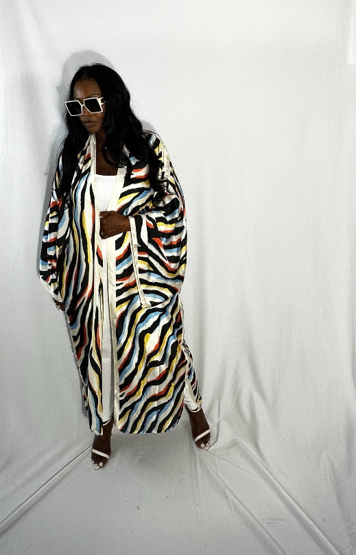 Senegal Zebra Print Satin Open Front Kimono Long Kimono - Red Blue Yellow Blend  Ships 10/28