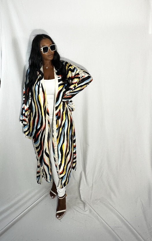 Senegal Zebra Print Satin Open Front Kimono Long Kimono - Red Blue Yellow Blend  Ships 10/28