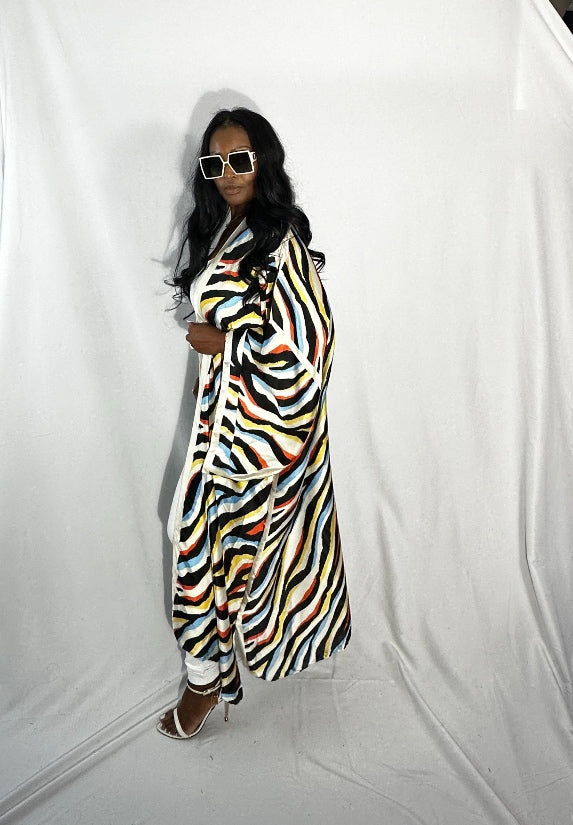 Senegal Zebra Print Satin Open Front Kimono Long Kimono - Red Blue Yellow Blend  Ships 10/28