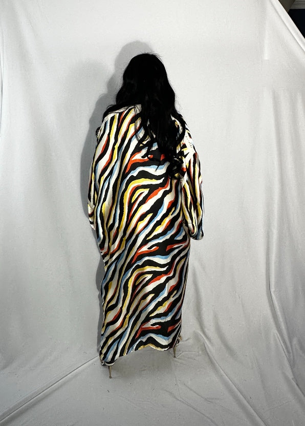 Senegal Zebra Print Satin Open Front Kimono Long Kimono - Red Blue Yellow Blend  Ships 10/28