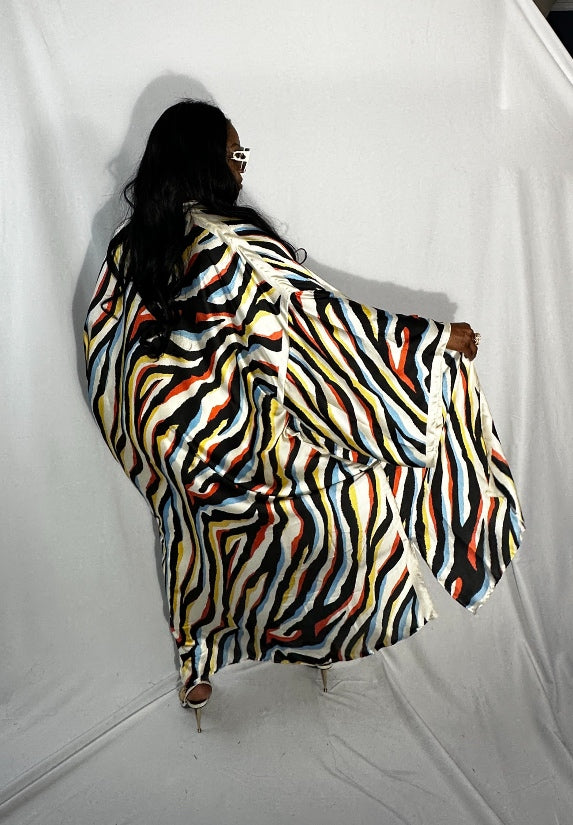 Senegal Zebra Print Satin Open Front Kimono Long Kimono - Red Blue Yellow Blend  Ships 10/28