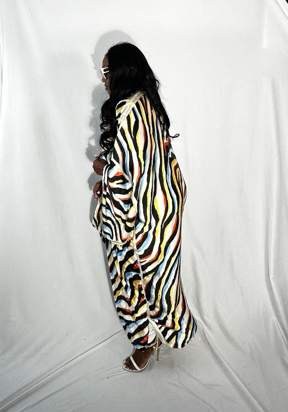 Senegal Zebra Print Satin Open Front Kimono Long Kimono - Red Blue Yellow Blend  Ships 10/28