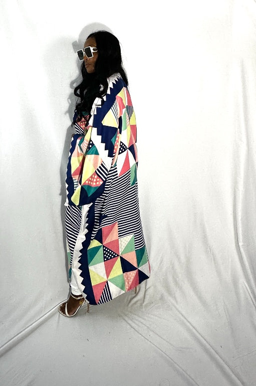 Cozumel Abstract Open Front Kimono Long Kimono - Pink Navy Green White Blend  Ships 9/20