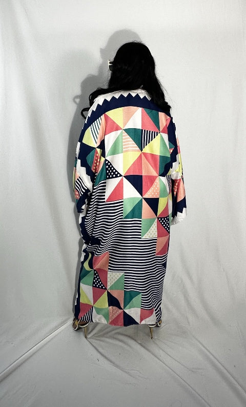 Cozumel Abstract Open Front Kimono Long Kimono - Pink Navy Green White Blend  Ships 9/20