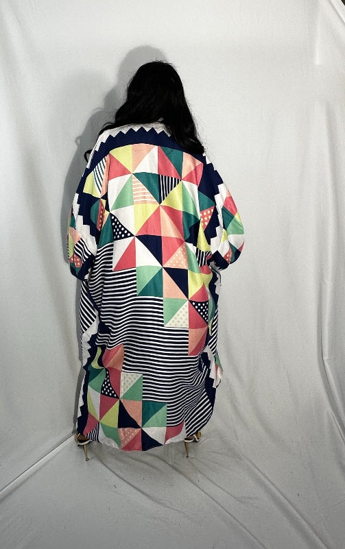 Cozumel Abstract Open Front Kimono Long Kimono - Pink Navy Green White Blend  Ships 10/28