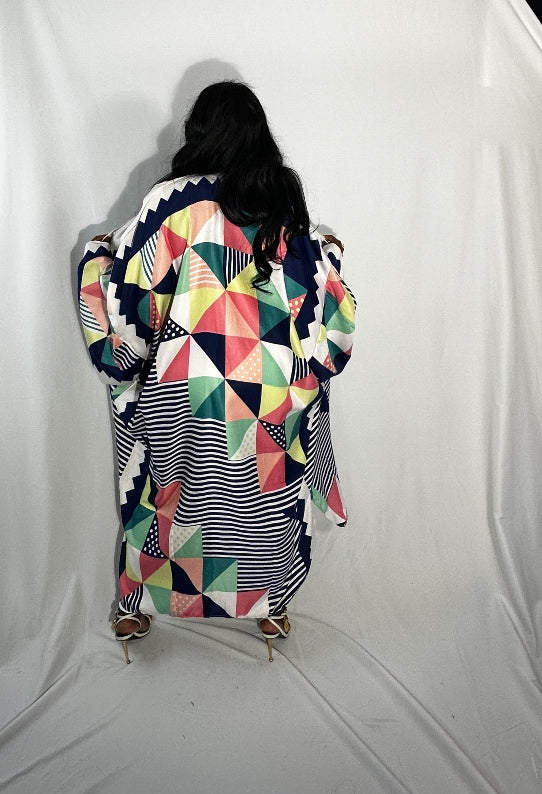 Cozumel Abstract Open Front Kimono Long Kimono - Pink Navy Green White Blend  Ships 10/28