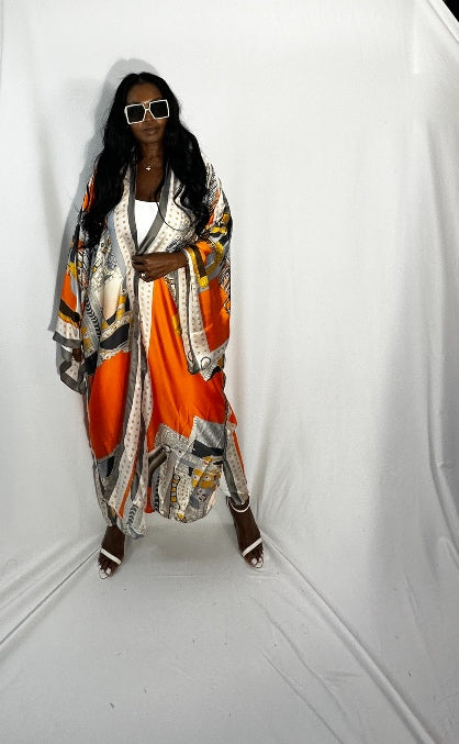 Lisbon Satin Open Front Kimono Long Kimono - Orange Silver Bronze Blend  Ships 10/28