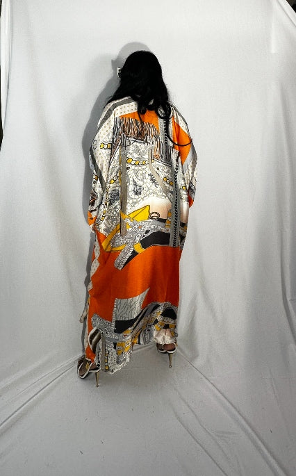 Lisbon Satin Open Front Kimono Long Kimono - Orange Silver Bronze Blend  Ships 10/28