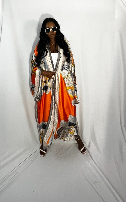 Lisbon Satin Open Front Kimono Long Kimono - Orange Silver Bronze Blend  Ships 10/28