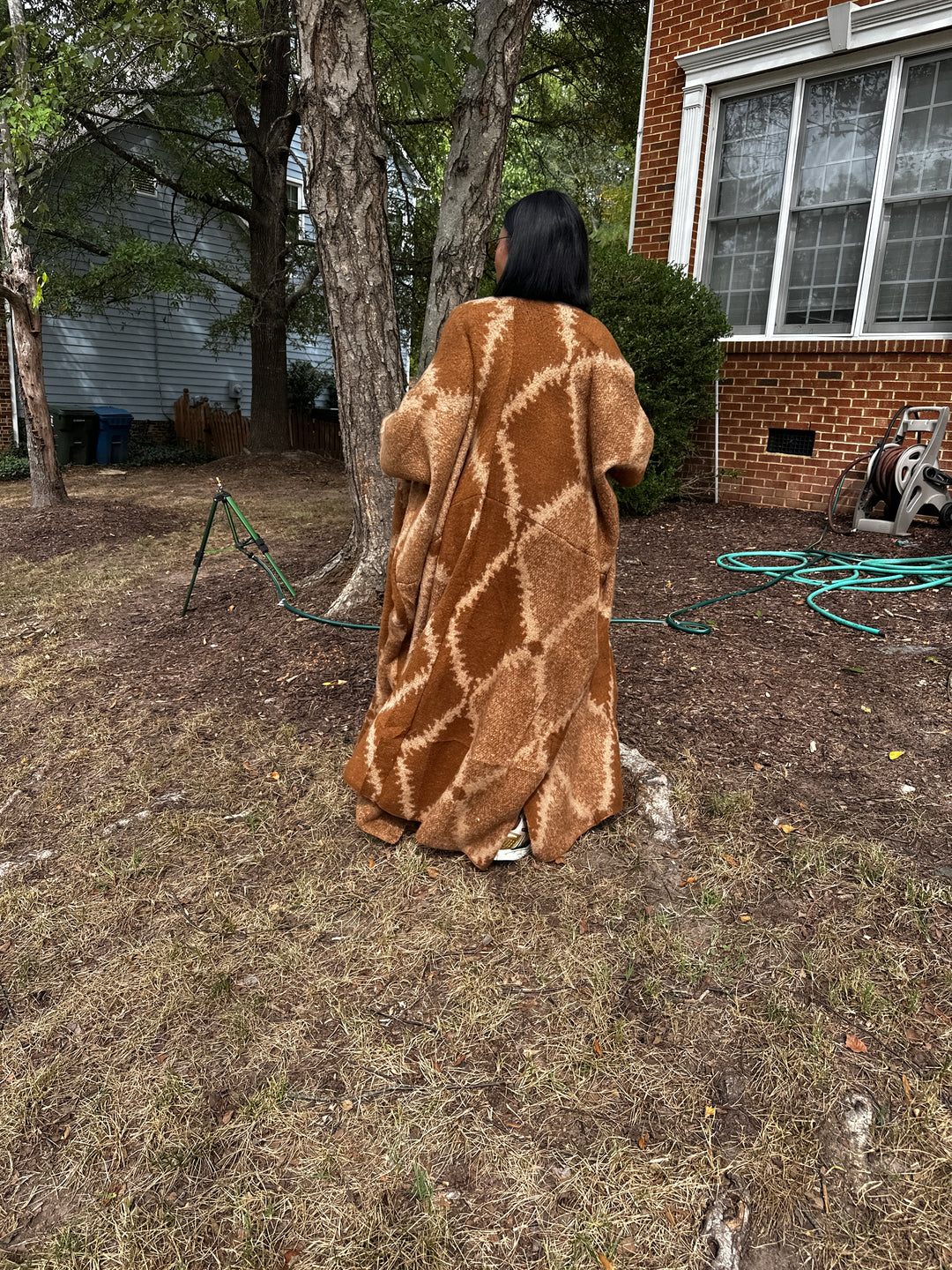 Diamond Print Caramel and Chocolate Open Front Long Cardigan Coat