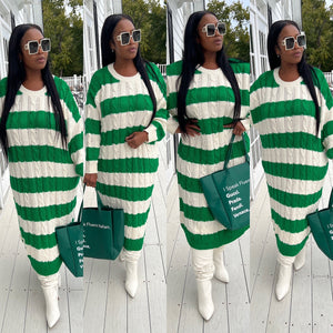 Emerald Green and Cream Cable Knit Sweater Dress