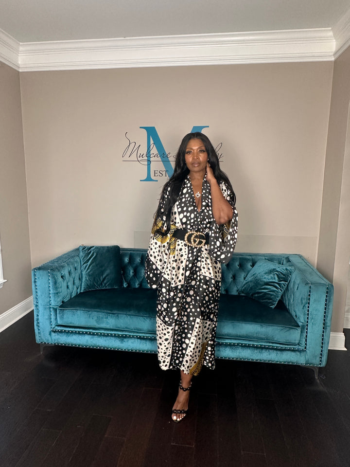 Polka Dot Craze Satin Open Front Kimono Long Kimono with matching scarf - Black White Cream Navy Blend Ships 6/12