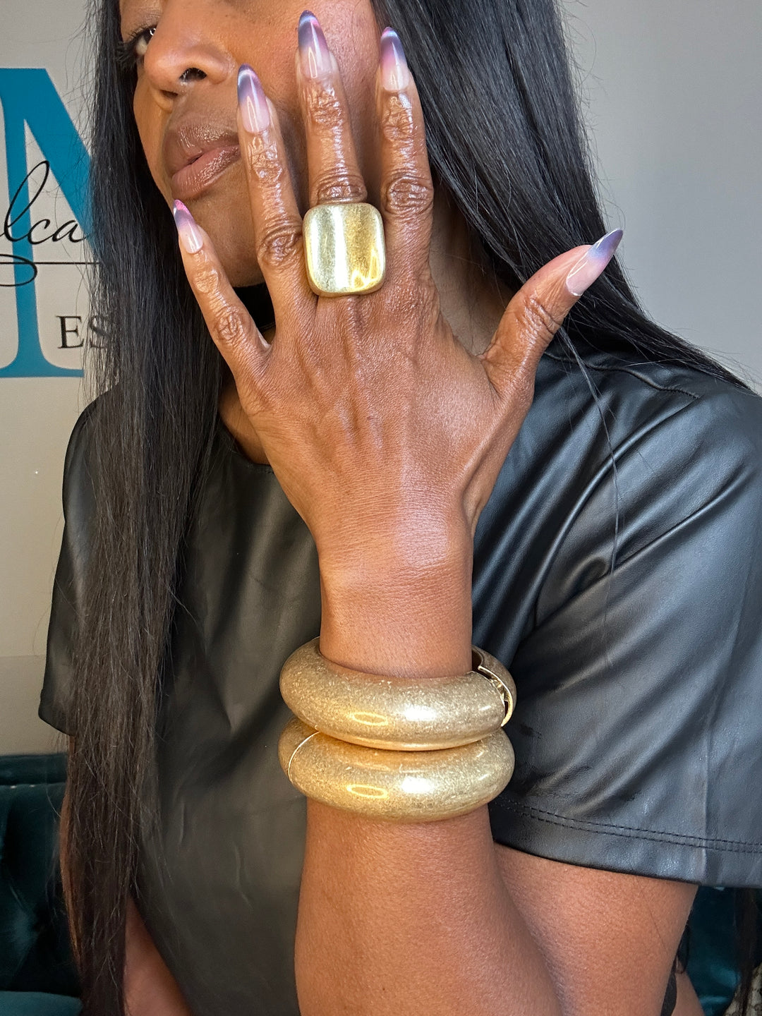 Medium Gold Square Indented Accent Stretch Ring