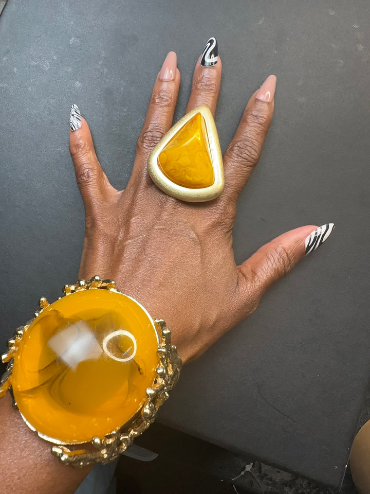 Bold Sculpted Hinged Bangle Tree Bracelet - Mustard