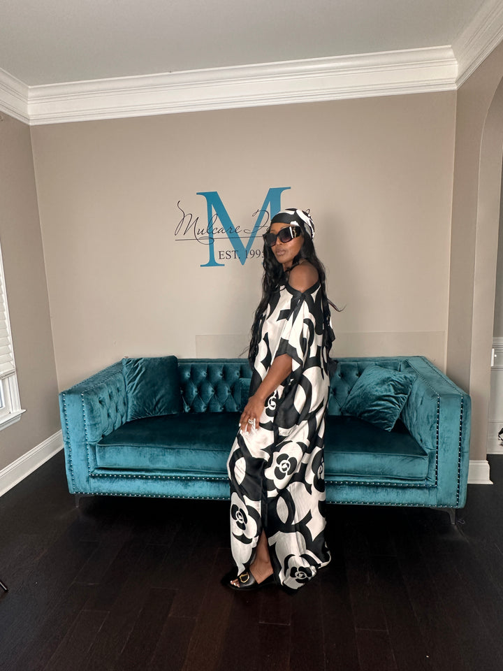Classy & Fabulous Kaftan w/Matching Scarf  -Black & White camellia Print