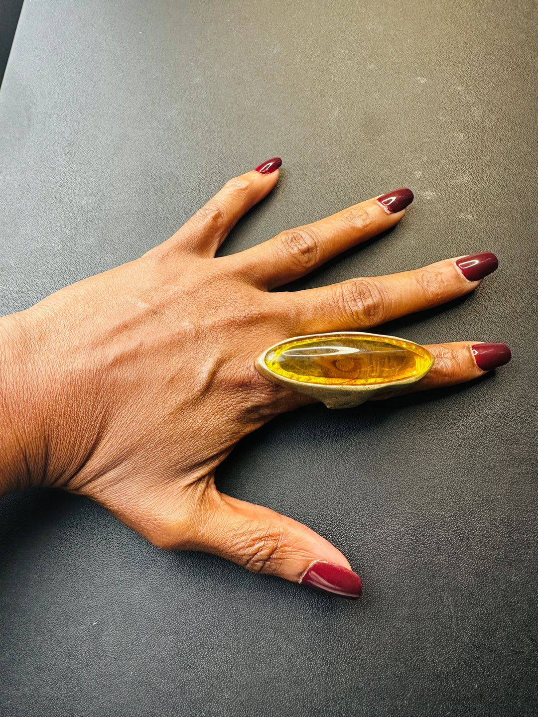 Oversized Bold Skinny Oval Long Stone Accent Stretch Ring - Amber Topaz