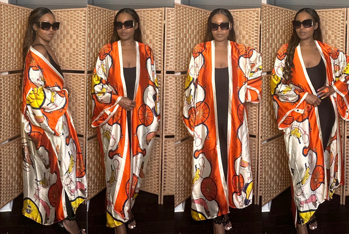 Morocco Open Front Kimono Long Kimono - Orange Cream Gold Blend