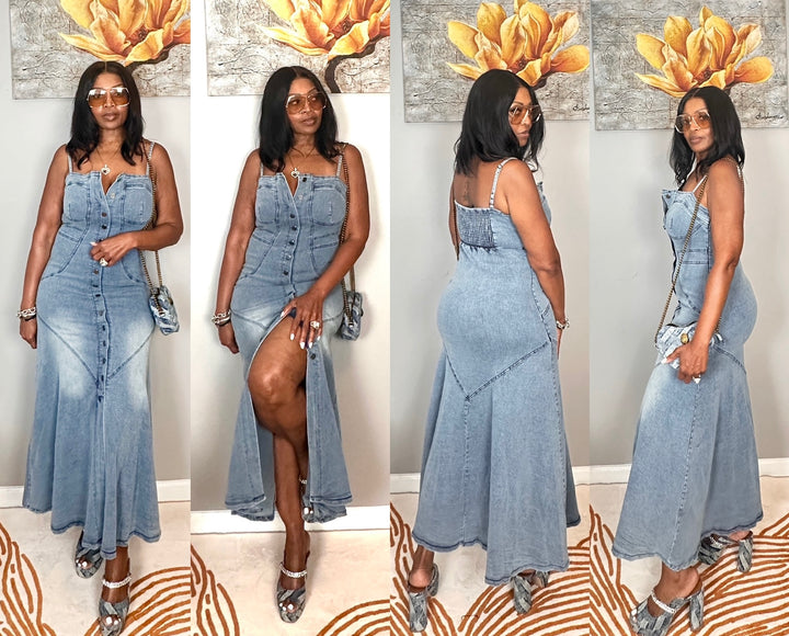 It’s Summertime Fine Super Stretchy Button Front Denim Mermaid Maxi Dress -