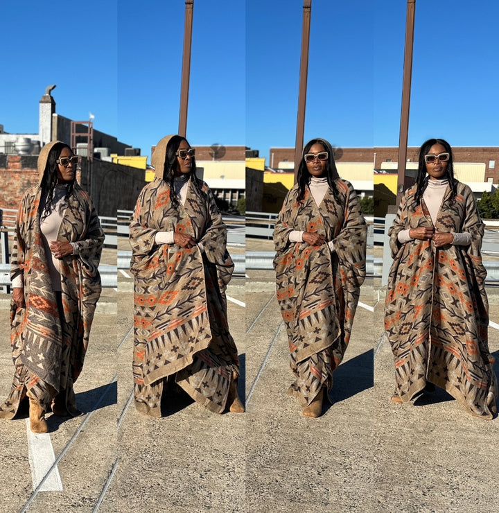 NEW Hooded Winter Open Front Aztec Poncho Coat -  Burnt Orange Chocolate Tan Blend Ships 10/30
