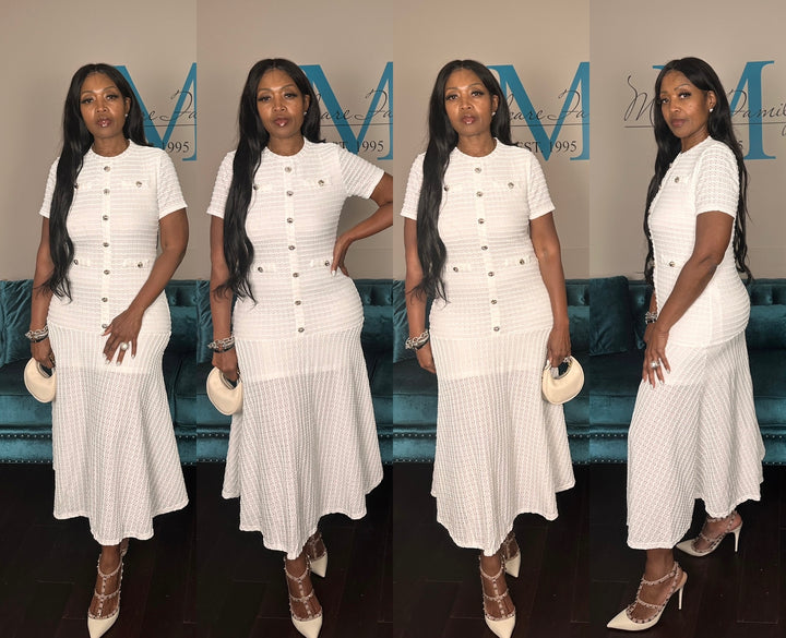 Class Act Stretch Flirty Hem Midi Dress - White