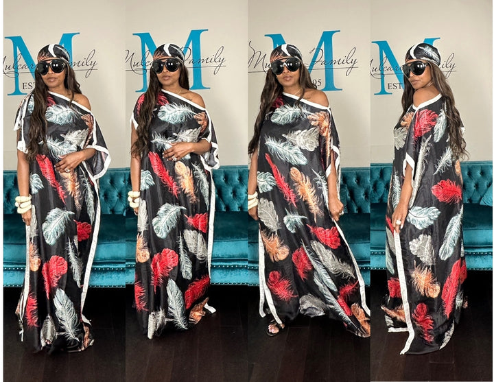 Vacation Vibes Kaftan Maxi Dress with Matching Scarf - Black Red Tan Light Blue Blend Ships 6/12