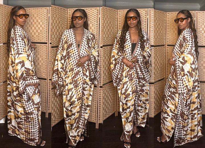 Madrid Gingham Open Front Kimono Long Kimono - Chocolate Brown Blend
