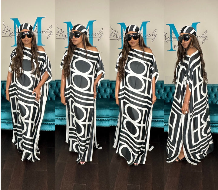 Vacation Vibes Kaftan Maxi Dress with Matching Scarf  -  Black and White Blend