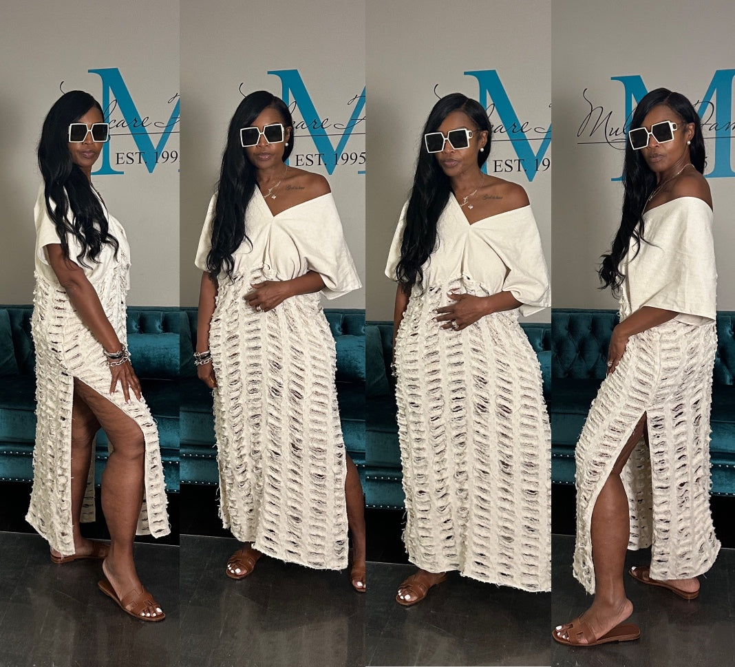 Denim Distressed Lightweight Maxi Dress - Cream