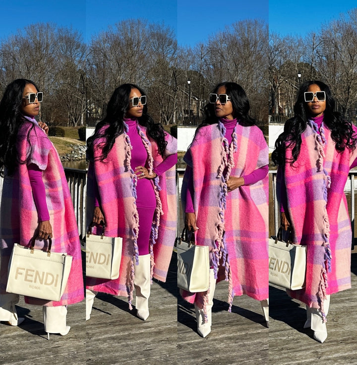 RESTOCKED Rich Auntie Aspen Winter Open Front Corded Kimono - Hot Pink, Purple Lavender and Cream Blend Ships 3/24