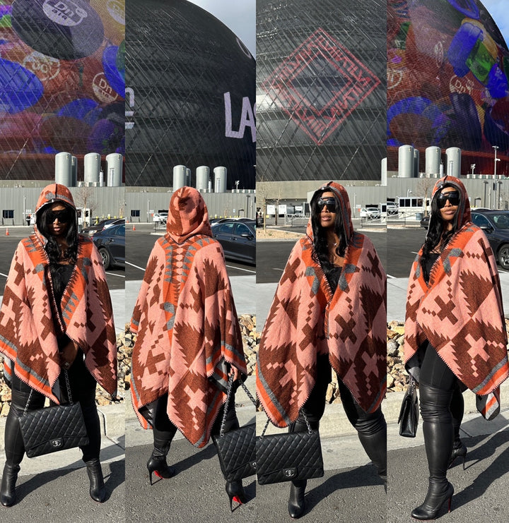 REVERSIBLE Rich Auntie Open Front Poncho with Hood - Grey Black Orange Peach Blend Ships 10/20