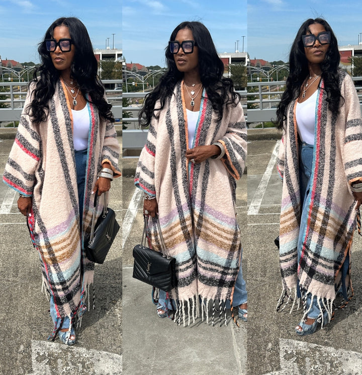 Rich Auntie Winter Open Front Long Kimono - Soft Pink Turquoise Plaid Blend Ships 10/10