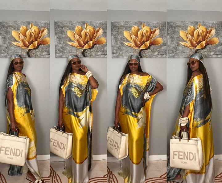 Vacation Vibes Kaftan Maxi Dress with Matching Scarf  -  Gold Silver Black Cream Blend