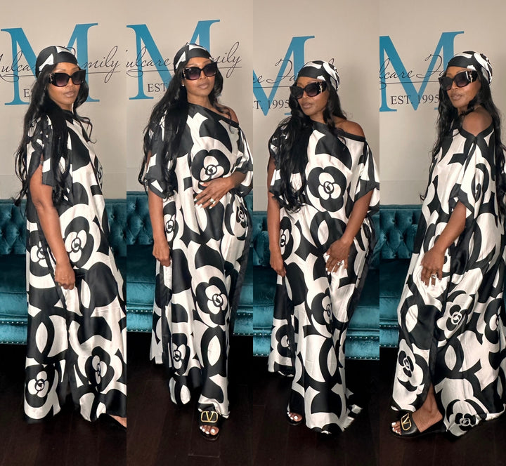 Classy & Fabulous Kaftan w/Matching Scarf  -Black & White camellia Print